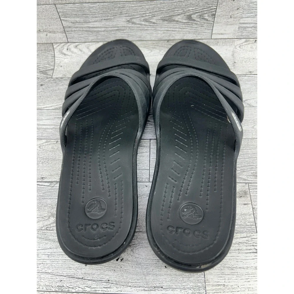 Crocs Women's‎ Rhonda Black Multi Strap Wedge Sandals Slides Comfort Size 11